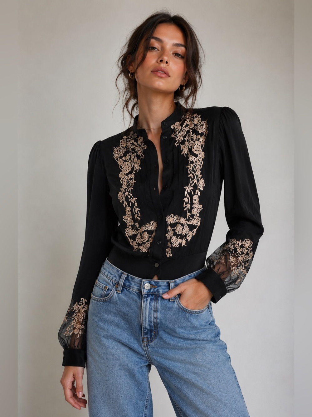 Beulah Black Jacket-Style Bodysuit with Cream Floral Embroidery
